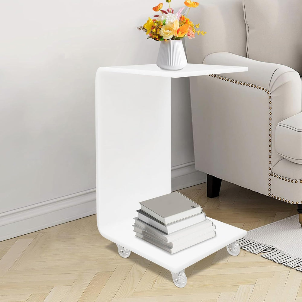 Modern Acrylic Side Table with Wheels, 14.1x13.4x21.6in Movable C-Shaped End ...
