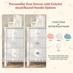 White 3 Drawer Dresser for Bedroom, 27” Scalloped Small Dresser for Girls | FUNKOCO Wooden Chest of Drawers for Hallway, Living Room, 3 Color Cloud Handles
