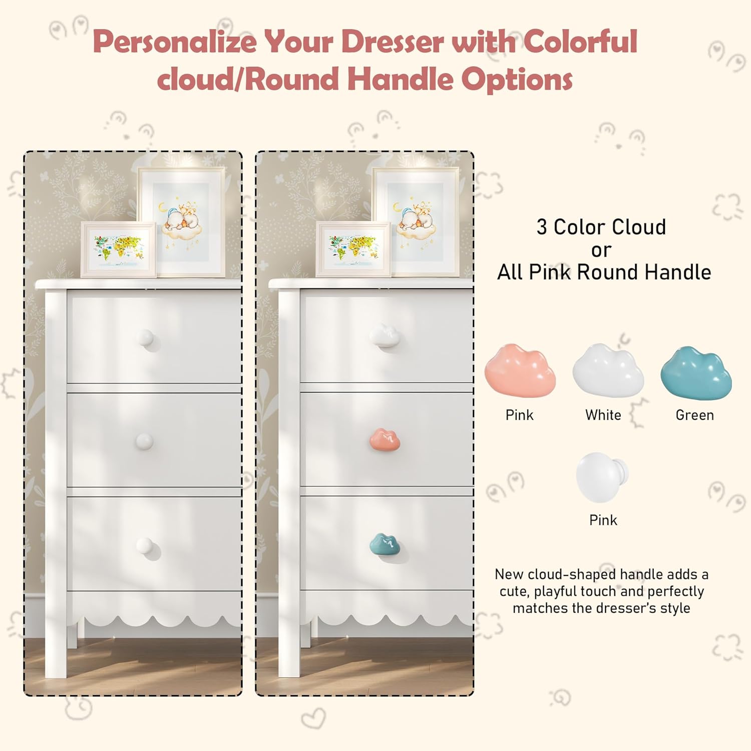 White 3 Drawer Dresser for Bedroom, 27” Scalloped Small Dresser for Girls | FUNKOCO Wooden Chest of Drawers for Hallway, Living Room, 3 Color Cloud Handles