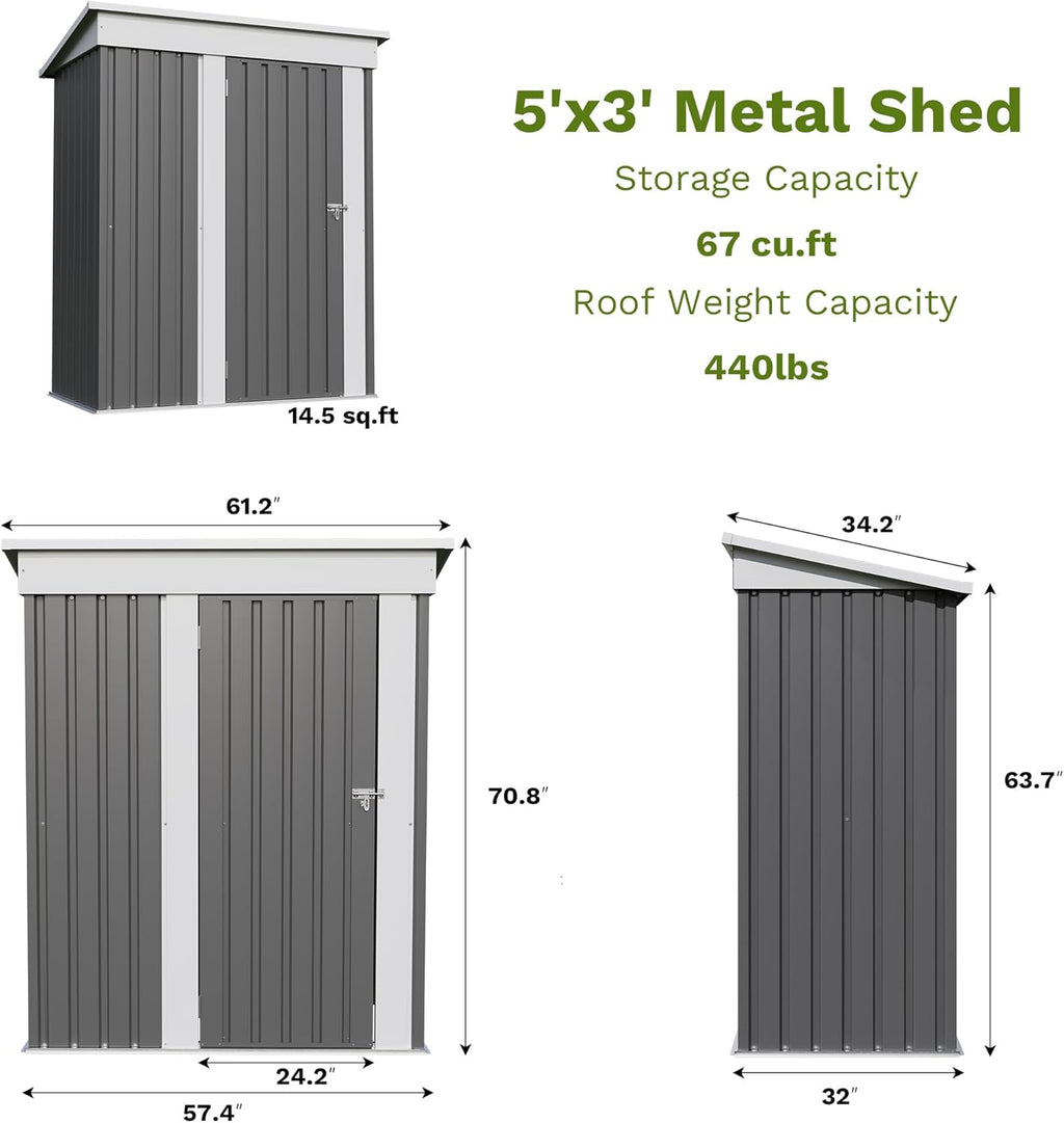Patiowell 5x3 FT Outdoor Storage Shed, Garden Tool Shed with Sloping Roof and Lockable Door, Metal Shed for Backyard Garden Patio Lawn, Gray