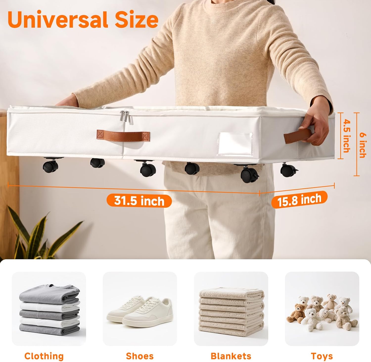 6 Inches Under Bed Storage with Wheels Pack of 2, Underbed Shoe Storage Container Bin with Clear Lid Cover, Rolling Under Bed Drawer Storage Bag Basket for Shoe Organizer Sheet Sweater - White