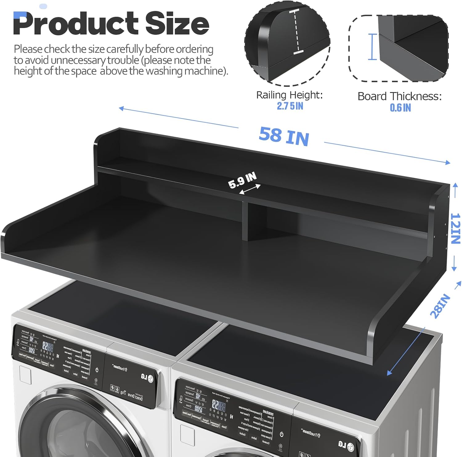 2-Tier Washer and Dryer Countertop with 2.75" H Guard,58" W x 28" D Laundry Countertop Cover with Non-Slip Pad,Large Space Laundry Topper for Folding Clothes Over Washer and Dryer-Black