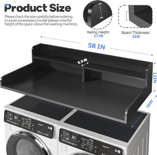 2-Tier Washer and Dryer Countertop with 2.75" H Guard,58" W x 28" D Laundry Countertop Cover with Non-Slip Pad,Large Space Laundry Topper for Folding Clothes Over Washer and Dryer-Black