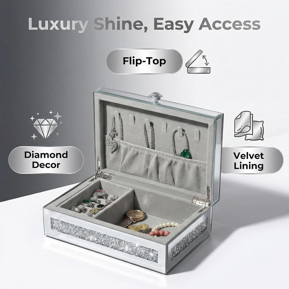 Mirrored Jewelry Box with Lid, Crushed Diamond Bling Jewelry Organizer for Wo...