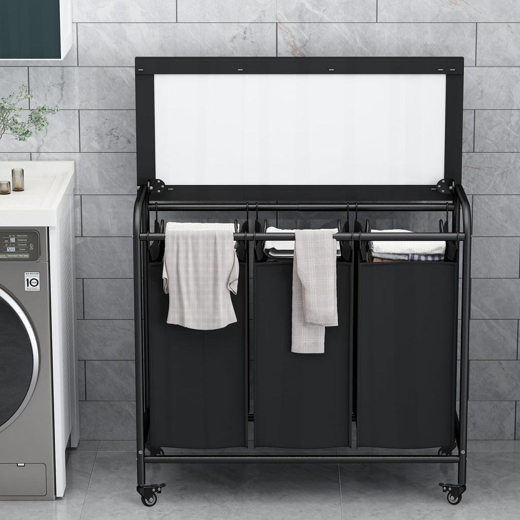 LINZINAR 3 Bag Laundry Basket Sorter Heavy Duty Rolling Lockable Wheels Laundry Hamper Cart with Ironing Board and Removable Bags, Black