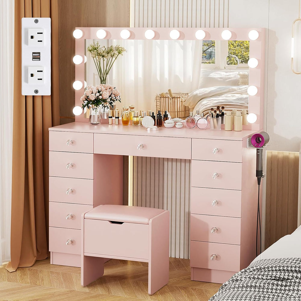 VOWNER Vanity with Lighted Mirror - 46" Makeup Vanity Desk with 11 Drawe...