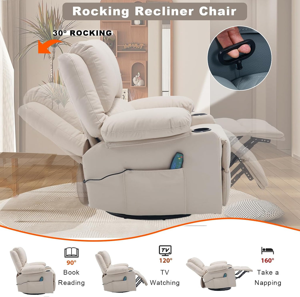 Leather Swivel Rocker Recliner Massage Nursery Rocking Glider Chair, White | Wide Seat, Overstuffed, Cup Holders, Faux Leather, Living Room Lounge Chair