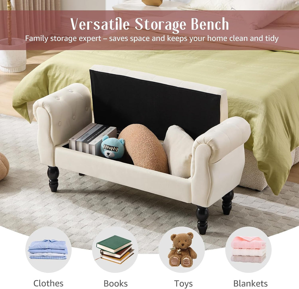 47.6" Storage Bench for End of Bed Bedroom, Velvet Ottoman Bench with Ar...