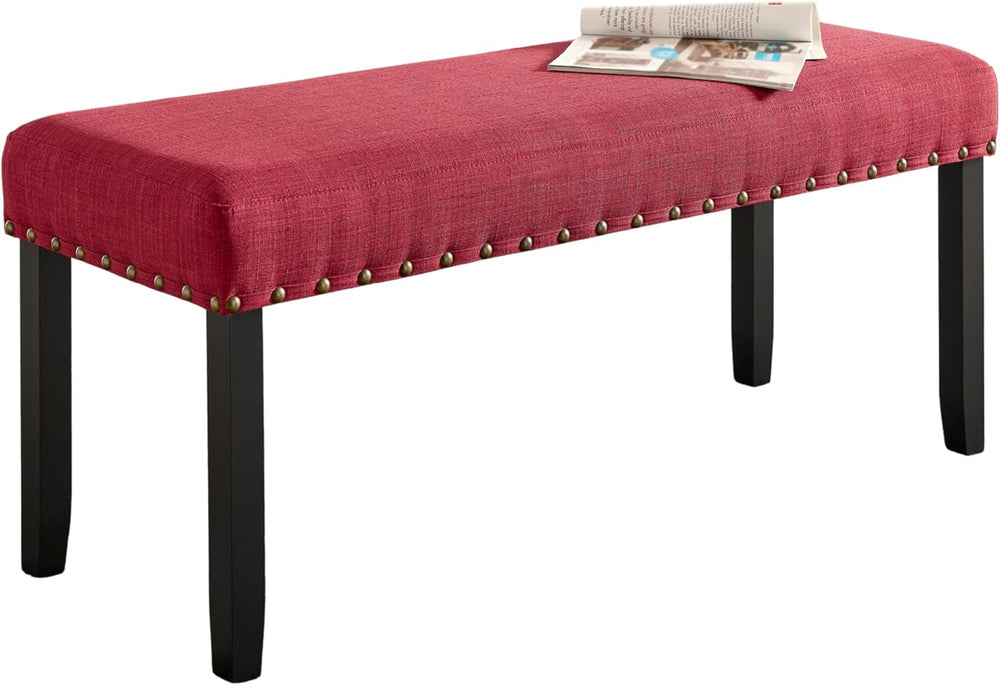 Roundhill Furniture Biony Fabric Dining Bench with Nailhead Trim, Red
