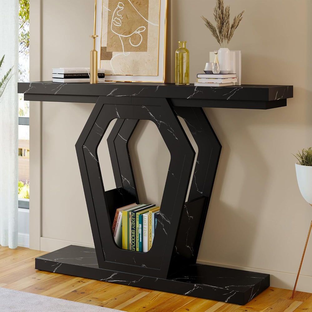 FUSUNBAO 47" Black Marble Console Table,Narrow Wood Sofa Table for Hallw...
