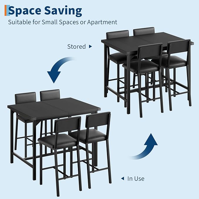 IDEALHOUSE Dining Table Set for 4 w/Footrest & Corner Protector, 5-Piece Kitchen Table Set with Counter Height Table & 4 Upholstered Bar Stools, for Kitchen Room, Apartment, Pub, Retro Black