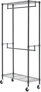 Amazon Basics Adjustable, Double Hanging Rod Garment Rolling Closet Organizer Rack with Wheels, Heavy Duty, Black, 36'' x 14'' x 72'', WI-GAR1436B