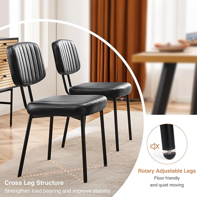 Sweetcrispy Dining Chairs Set of 4, Upholstered Mid Century Modern Kitchen Accent Chairs with Faux Leather Cushion Seat & Metal Legs for Home Office, Living Room - Black