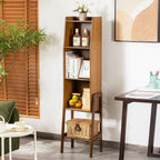 Welnow Bamboo Bookcase with Cabinet, Natural End Table with 3-Tier Storage Shelf, Modern Bedside Organizer Side Table for Bedroom or Living Room, Walnut Bookshelf with Open Space