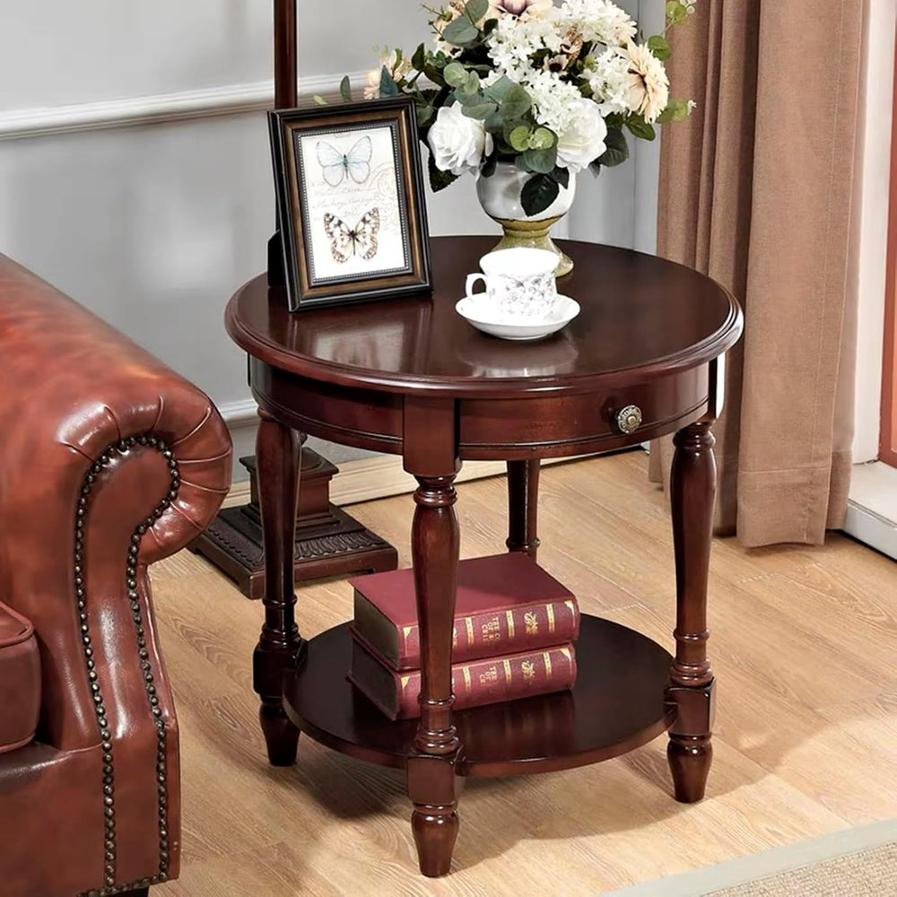 YUNMUAIR-Solid Wood End Table,Round Side Table with Drawers,Vintage Nightstan...