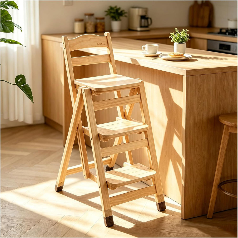 Folding Bar Stool, 3 Step Portable Adults Solid Wood Ladder Stool, Wood