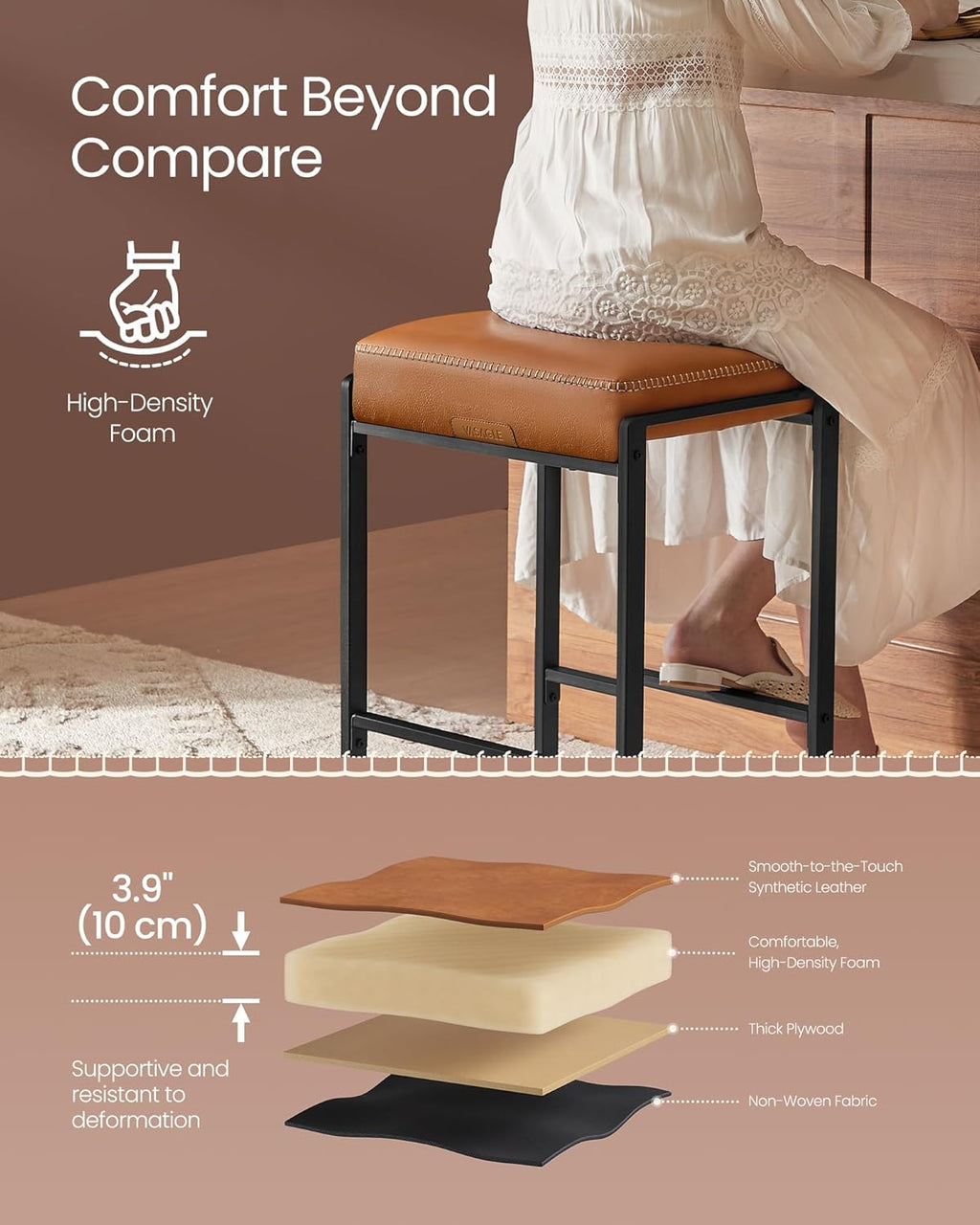 VASAGLE EKHO Collection - Bar Stools Set of 3, Counter Height Bar Stools, Synthetic Leather with Stitching, Mid-Century Modern Counter Stools, 26-Inch Tall, Kichen Home Bar Dining Room, Caramel Brown