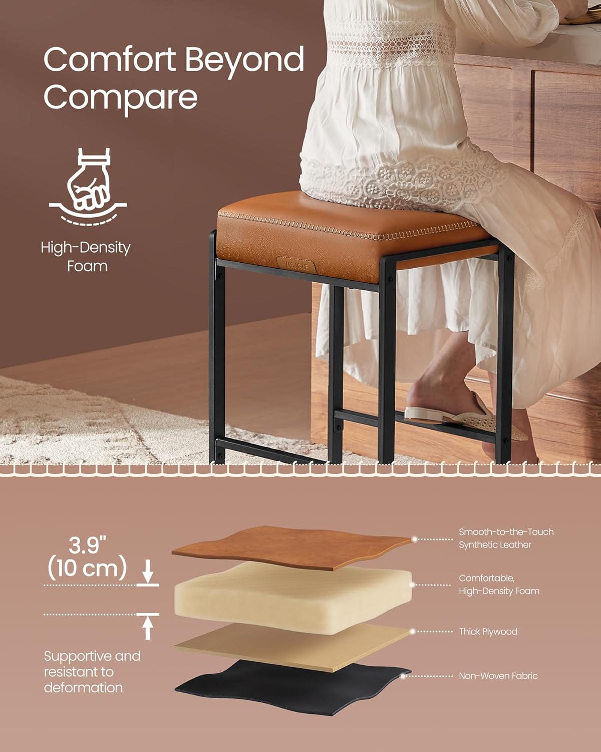 VASAGLE EKHO Collection - Bar Stools Set of 3, Counter Height Bar Stools, Synthetic Leather with Stitching, Mid-Century Modern Counter Stools, 26-Inch Tall, Kichen Home Bar Dining Room, Caramel Brown