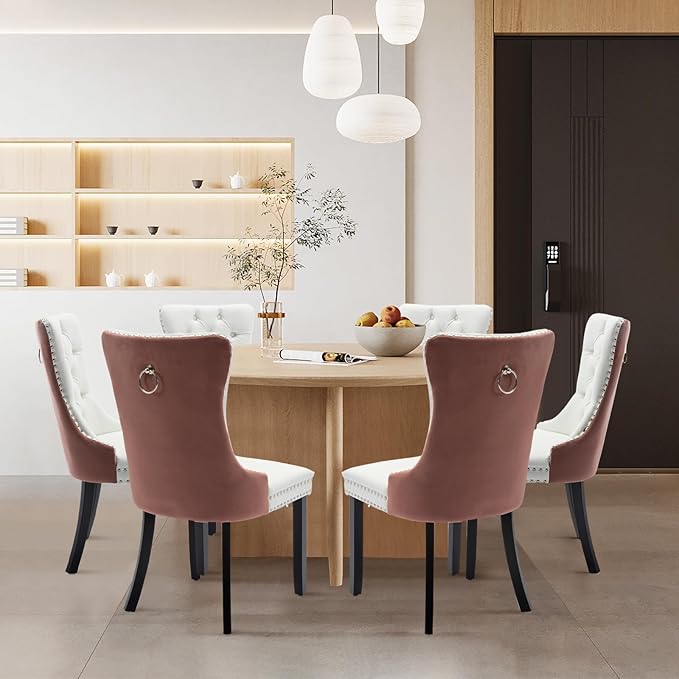 Leather Upholstered Dining Chairs Set of 6, Modern Style Kitchen Side Chairs with Nailhead Trim and Wood Leg, Metal Pulling Ring for Dining Room Living Room(White&Pink)