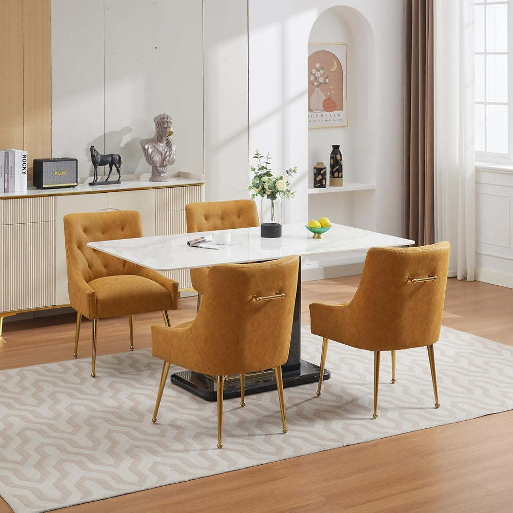 Dining Chairs Set of 4, Gold Leg Side Chair Faux Leather Vanity Mid-Century w...