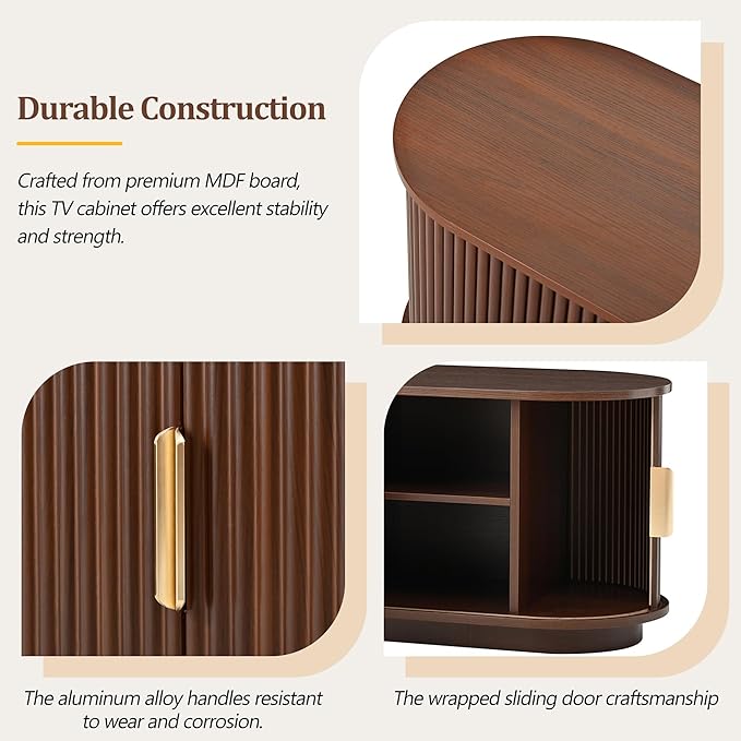 Farmhouse Wooden TV Stand with Sliding Tambour Door for TVs up to 75", Fluted Media Console with Adjustable Storage, Golden Handle TV Cabinet with Cable Holes for Living Room, Walnut