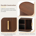 Merax Fluted Wooden TV Stand for TVs up to 75", Farmhouse Entertainment Center with Sliding Door, Curved Media Console with Adjustable Shelves, Modern Television Cabinet for Living Room, Walnut