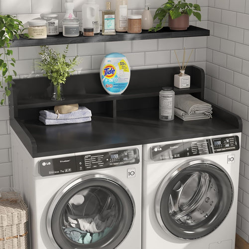 2-Tier Washer Dryer Countertop with 2.75"H Edge Rails, 54" W x 27.55" D Laundry Countertop for Folding Clothes, Washer and Dryer Topper with Non-Slip Pad (Black)