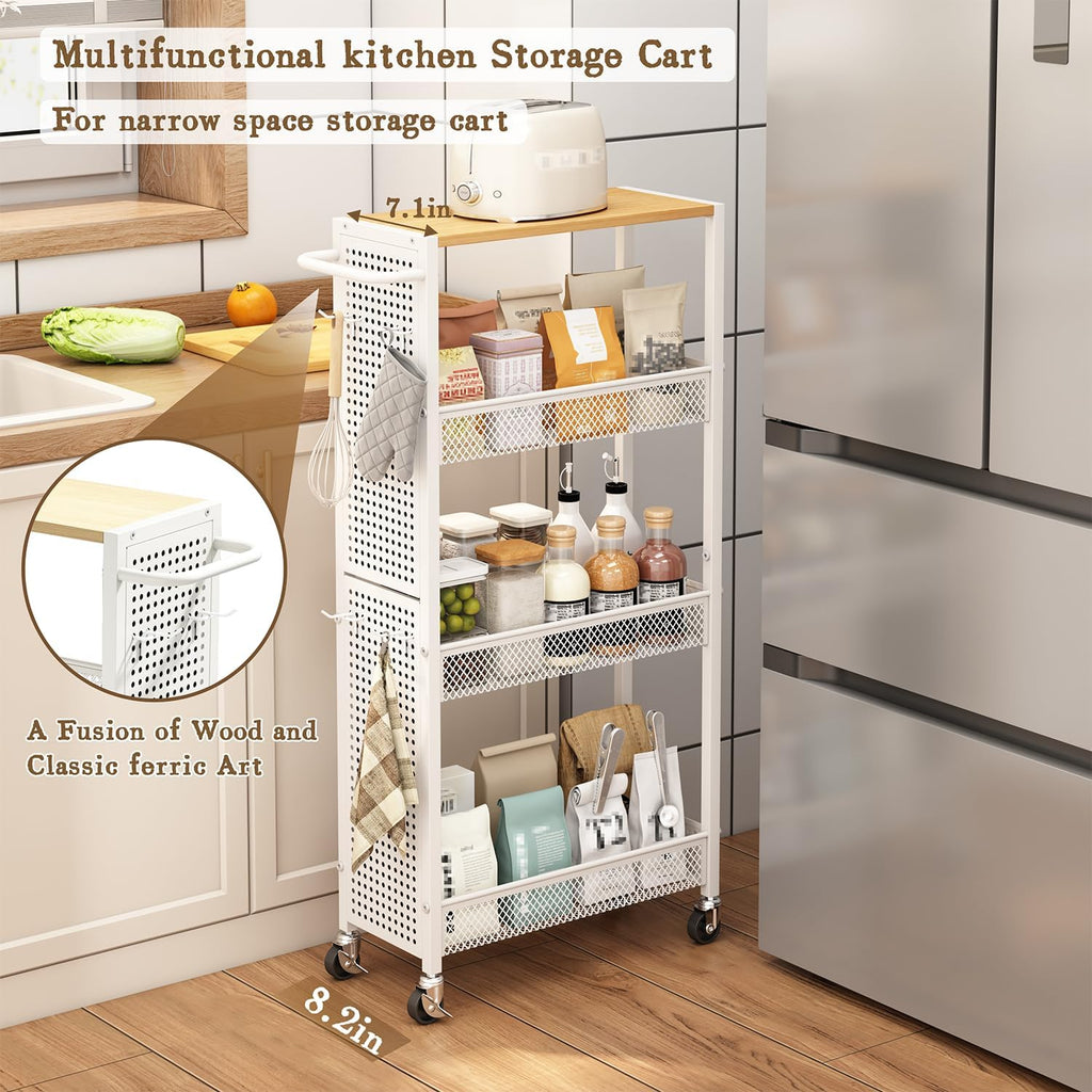 Utility Slim Storage Cart 4 Tier Small Rolling Kitchen Laundry Room Organization Cart with Wood Top Metal Narrow Laundry Room Shelves Cabinet Unit Laundry Organizer Trolley with Handle for Small space