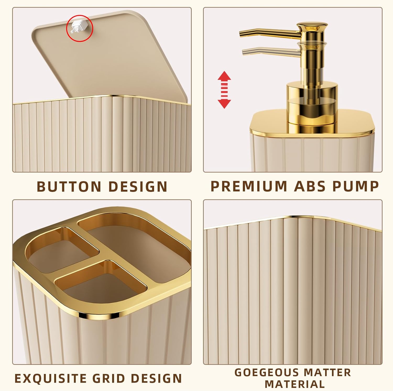 Bathroom Accessories Set - Gorgeous Bathroom Set, 10PC Beige Bathroom Accessory Set, Toilet Brush, Trash Can & Soap Dispenser