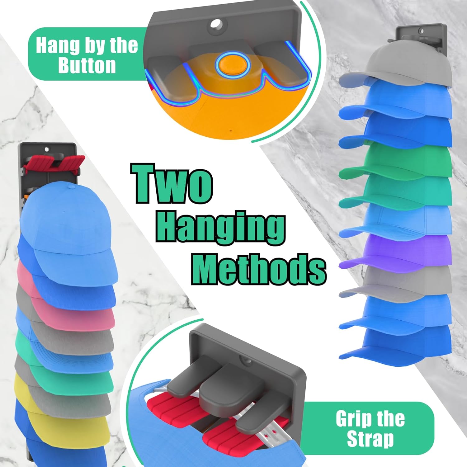 Hat Organizer for Baseball Caps 2 Packs with Built-in Spring Clips - Wall Mount Closet Hat Rack Holder, Adjustable Storage for Door/Closet Display Hat Racks Hanger (Strong Adhesive & Screws)