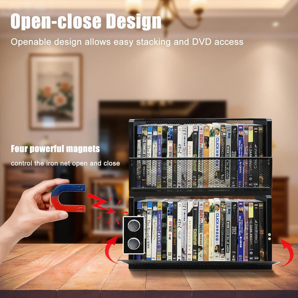 PUTNATRURE DVD CD Storage Rack 3 Pack, Holds 84 DVDs Total, Stackable DVD Tower with Magnetic Opening Door for Easy Access, Black Desktop Organizer for Blu ray, Video Game Cases, VHS Tapes