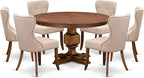 F3SI7-50N-04 7-Pc Kitchen Table Set consists of a Pedestal Table and 6 Light Tan Polyester Padded Chairs with Button Tufted- Antique Walnut