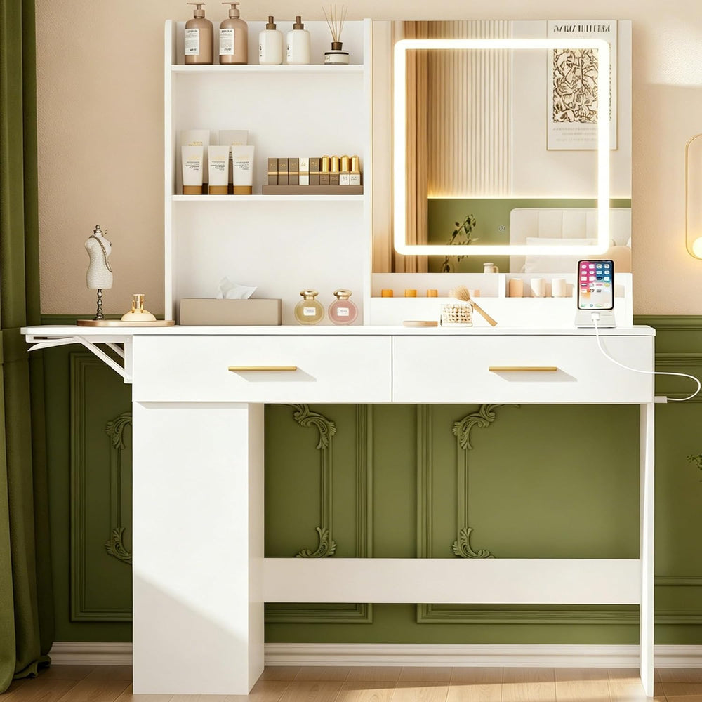 ERLEJIA Vanity Desk with Mirror and Lights, 43.31" Makeup Table Without ...
