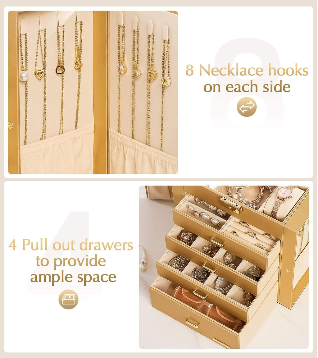 Homde Synthetic Leather Huge Jewelry Box Mirrored Watch Organizer Necklace Ring Earring Storage Lockable Gift Case (Gold)