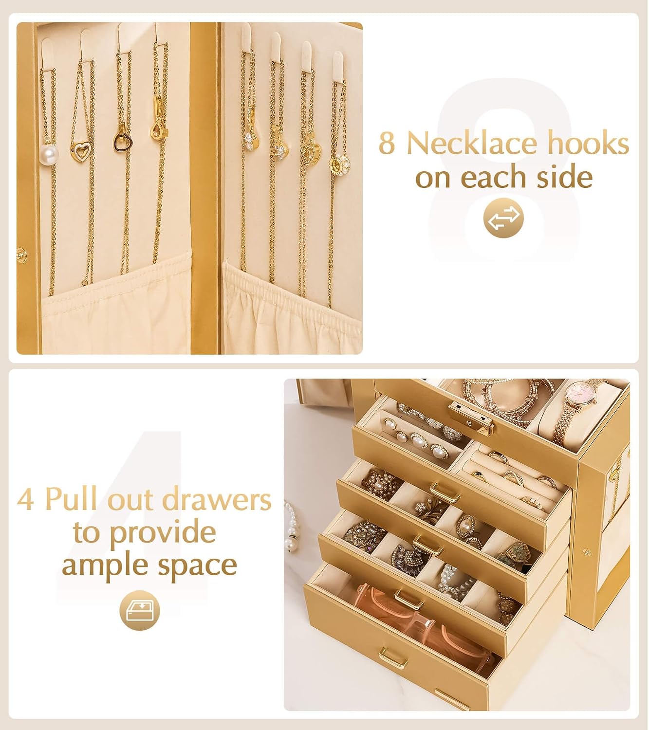 Homde Synthetic Leather Huge Jewelry Box Mirrored Watch Organizer Necklace Ring Earring Storage Lockable Gift Case (Gold)