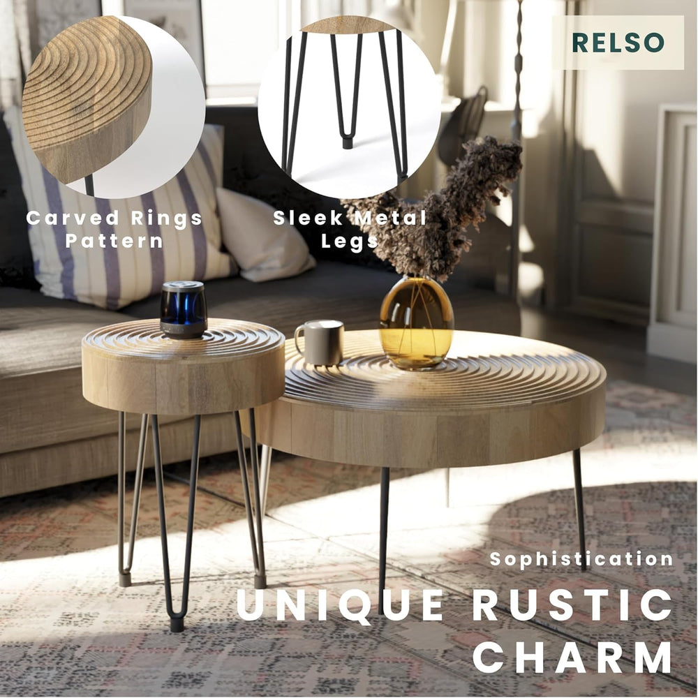 Relso Aspen Round Nesting Coffee Table Set of 2 – Solid Wood Nesting Tables w...