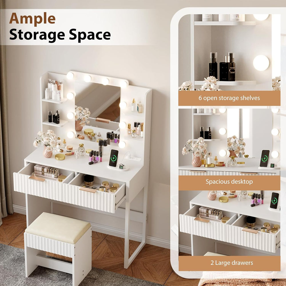 VINGLI Fluted Makeup Vanity Desk with Mirror and Lights and Stools, Small Van...