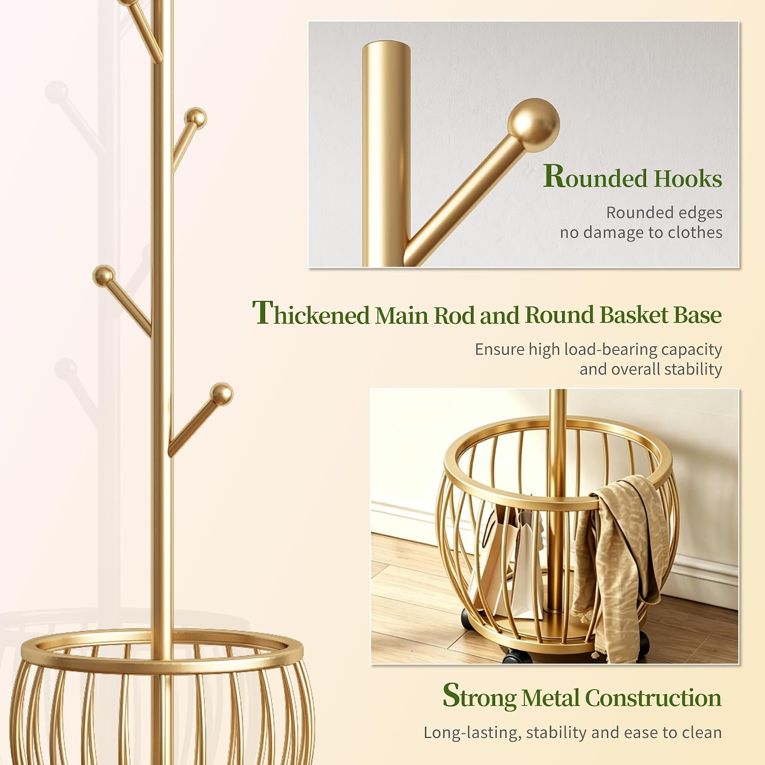 Coat Rack Freestanding Coat Stand with Basket 6 Hooks Wheels,Gold | Metal Coat Rack Stand Coat Tree for Home Entryway Bedroom Living Room Office Corner Modern Organizer for Scarf Jacket Hat Bag