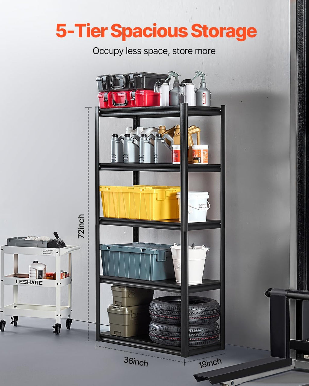 VEVOR Storage Shelves, 2000 lbs, 5 Tier Garage Storage Shelving, 18" D x 36" W x 72" H Adjustable Metal Shelves for Garage Shelves Utility Rack Shelf, Ideal for Kitchen, Warehouse, Basement, Black