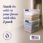 HOMZ 2-Pack Latching Lid, Clear Plastic Storage Organizer Bins, 112 Quart, Blue Latch - Stackable Organizing Containers for Home, Garage, and Office