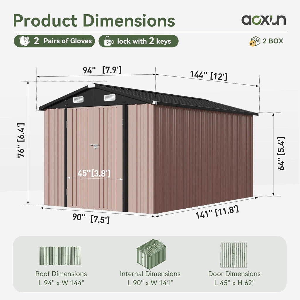 Aoxun 8x12 FT Outdoor Storage Shed Large Shed Steel Utility Tool Shed Storage House with Door & Lock, Metal Sheds with Sloped Roof for Garden Patio Lawn Poolside, Brown
