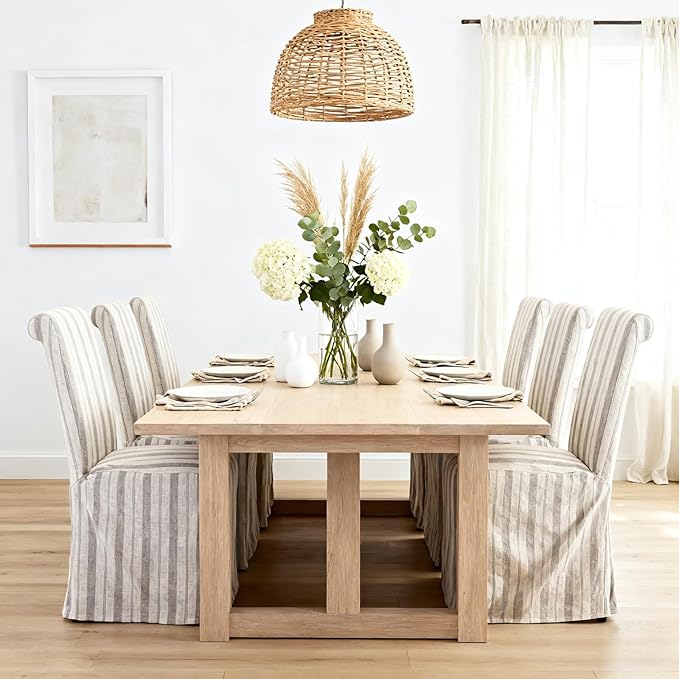 chairus Slipcovered Parsons Dining Chairs Set of 4, Upholstered Dining Room Chairs with Removable Linen Cover & High Back, Modern Farmhouse Wooden Side Kitchen Chairs, Khaki Stripe