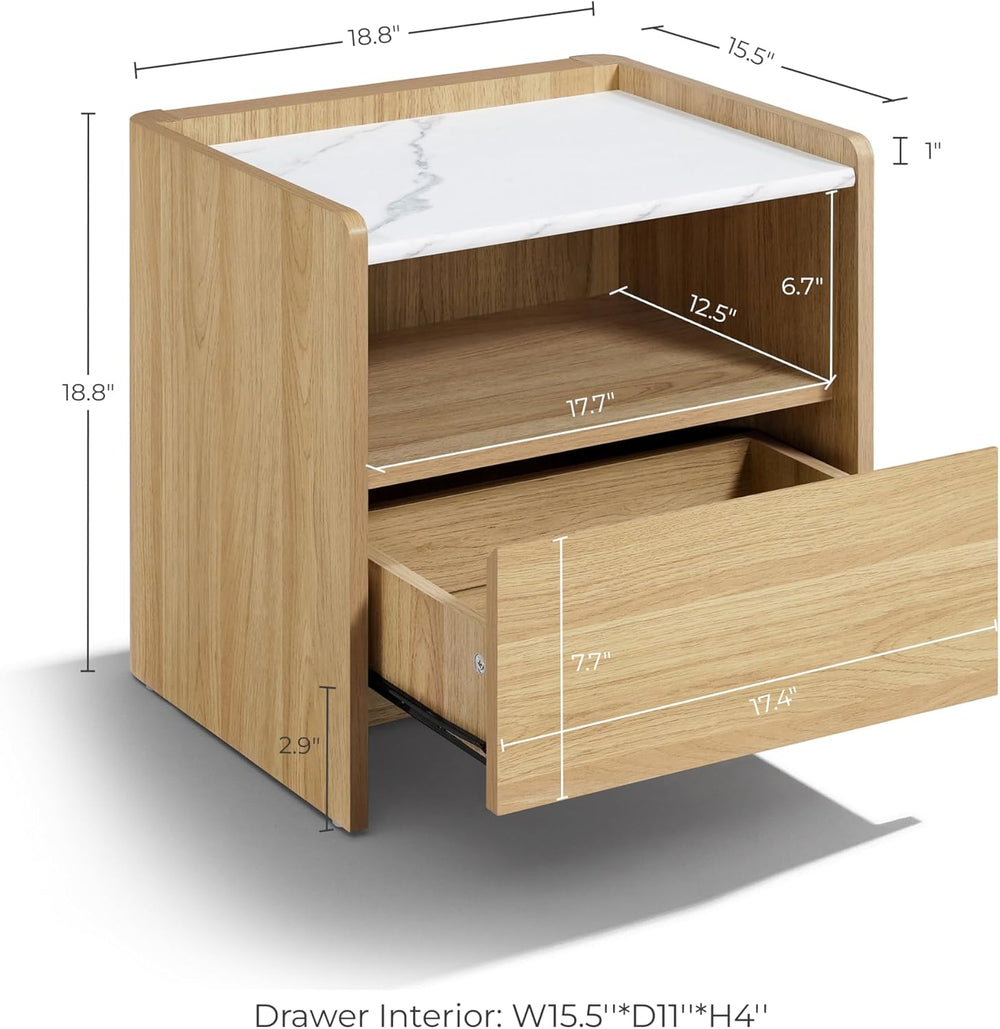 LuxenHome Nightstand with Drawer and Shelf, 18.8'' Wood Japandi Moder...
