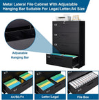 4 Drawer File Cabinet, Lateral Filing Cabinets for Home Office, Office Storage Drawers with Lock, Hanging Files Legal/Letter A4 Size (Assemble Required,Black)