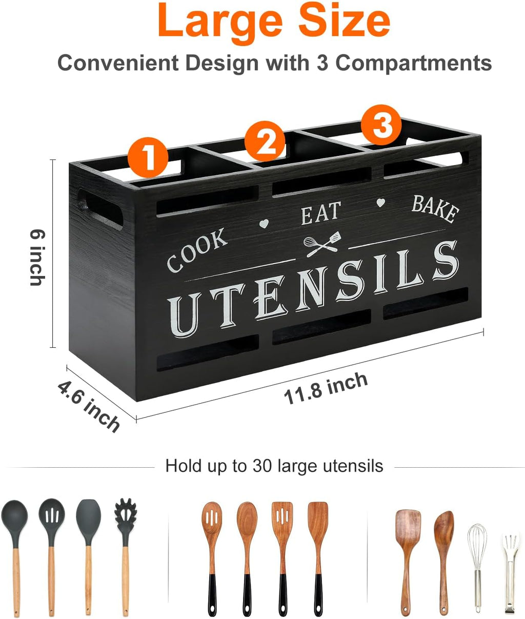 Large Black Wood Utensil Holder for Kitchen Decor Spoon Spatula Organizer | Wooden Cooking Utensils Holder for Kitchen Countertop Silverware Caddy Farmhouse Utensil Crock Big Kitchen Tools Spoon Holder