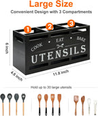 Large Black Wood Utensil Holder for Kitchen Decor Spoon Spatula Organizer | Wooden Cooking Utensils Holder for Kitchen Countertop Silverware Caddy Farmhouse Utensil Crock Big Kitchen Tools Spoon Holder
