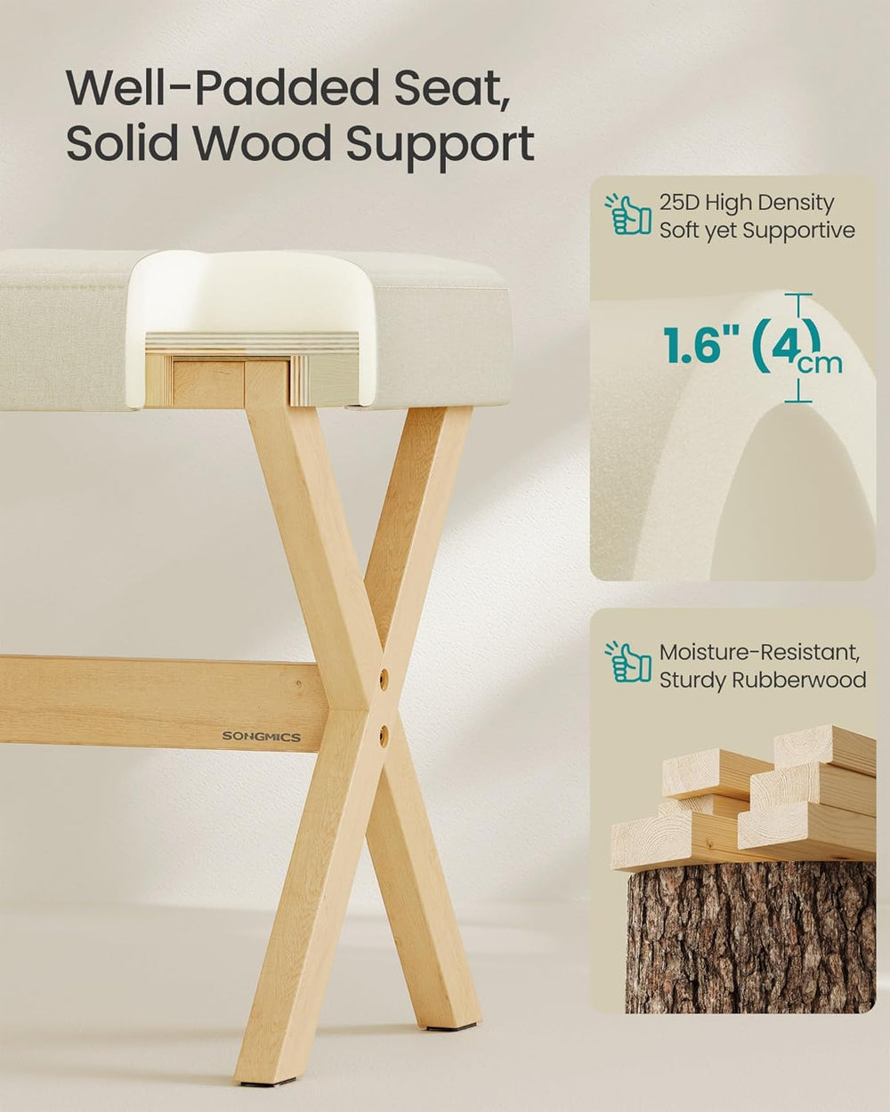 SONGMICS Makeup Stool, Padded Vanity Foot Rest, Solid Wood X Legs | 16.5 x 12...