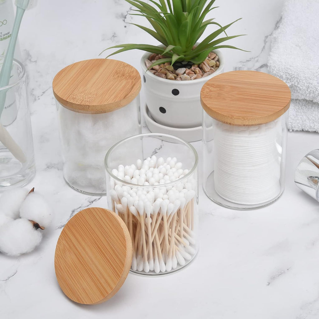 3 Pack Glass Qtip Holder Dispenser Set - Apothecary Jars with Lids for Vanity Makeup Organizer - Bathroom Canister Storage Organizer for Cotton Ball,Swab,Round Pads,Floss