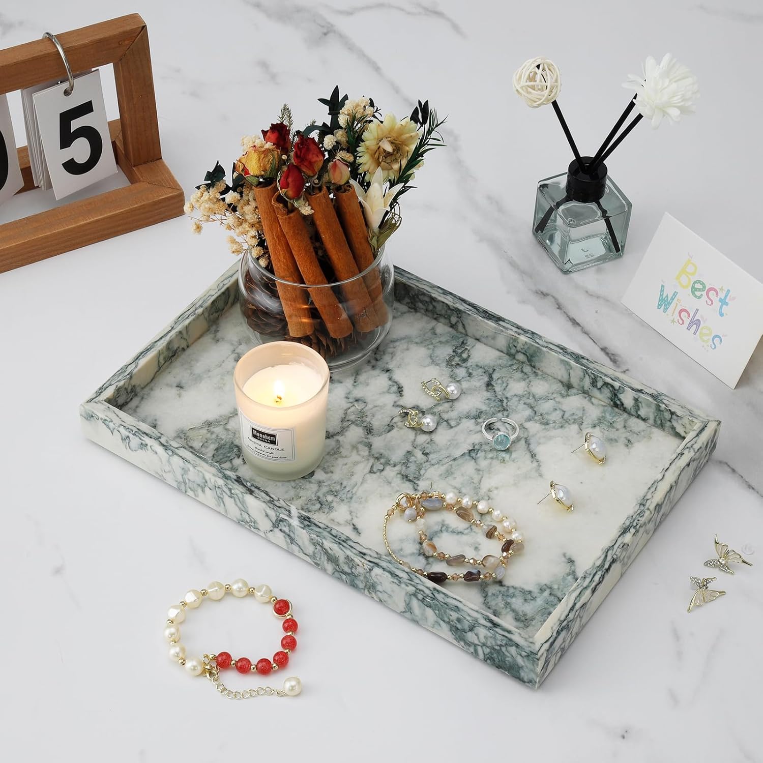 Marble Bathroom Tray,Pure Natural Vanity Tray,Marble Tray for Kitchen Counter Non-Ceramic/Non-Resin,Stone Trays 12 x 8 inch Cyan Green