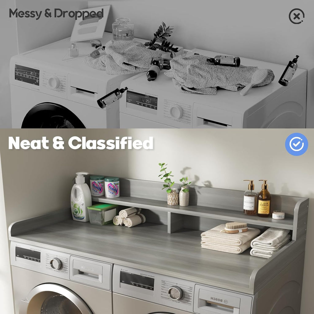 2-Tier Washer and Dryer Countertop with 2.75" H Guard,58" W x 28" D Laundry Countertop Cover with Non-Slip Pad,Large Space Laundry Topper for Folding Clothes Over Washer and Dryer-Stripe Gray